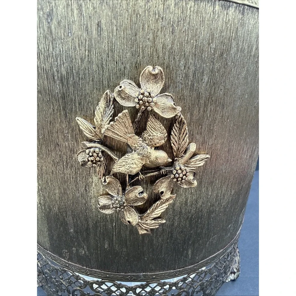 Vtg Hollywood Regency‎ Gold Tone Filigree Trash Basket Can Plastic Liner MCM